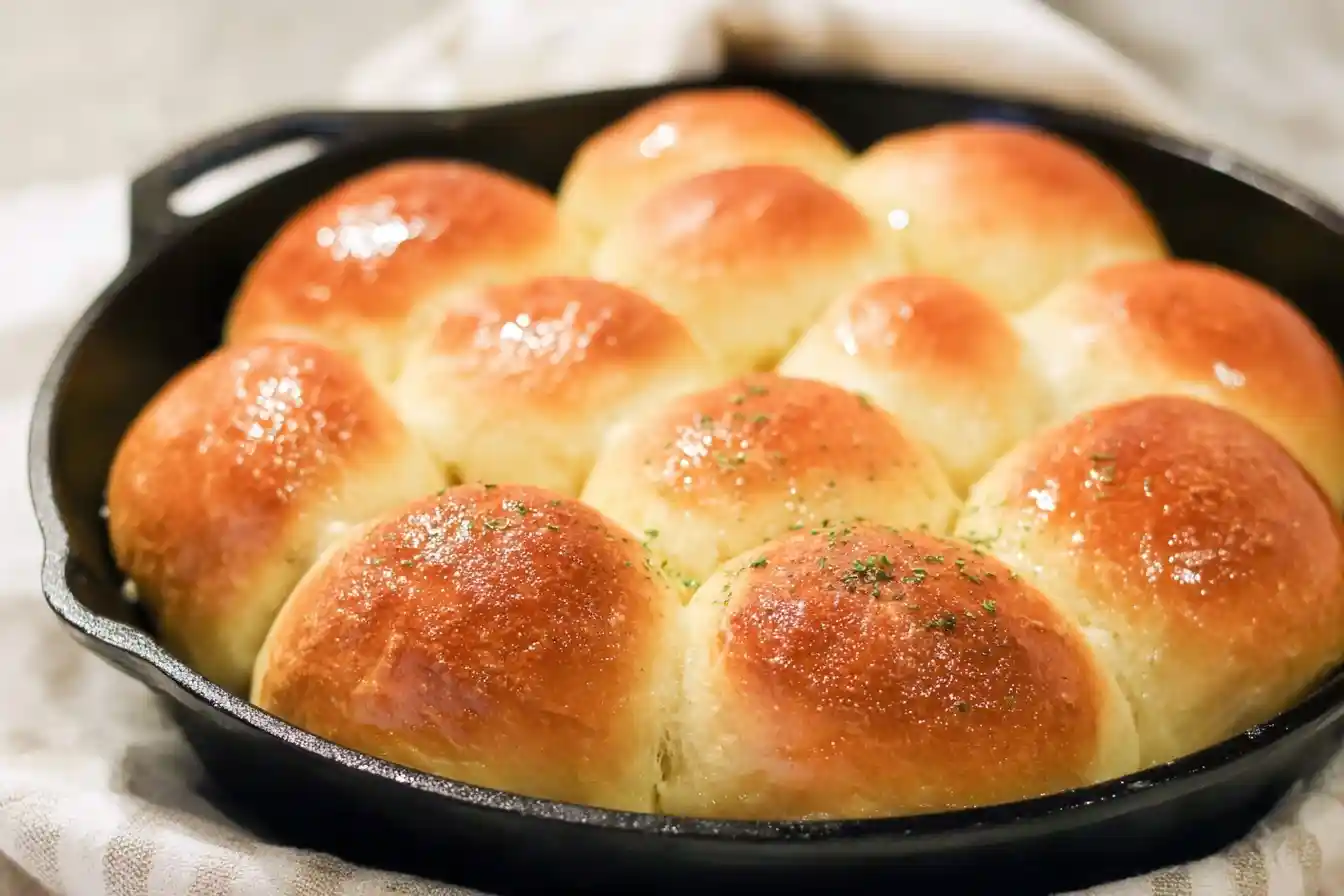 A cast iron skillet filled with golden brown, buttery skillet dinner rolls, topped with fresh herbs and ready to serve.