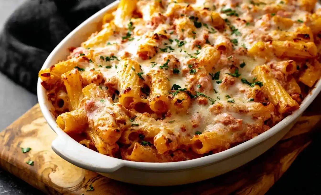 A close-up of a cheesy Baked Rigatoni casserole in a white dish, topped with fresh parsley and baked until golden brown.