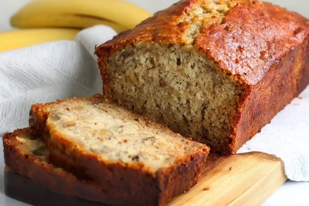 A golden-brown loaf of freshly baked banana bread, with two slices cut to show the moist and tender texture inside.