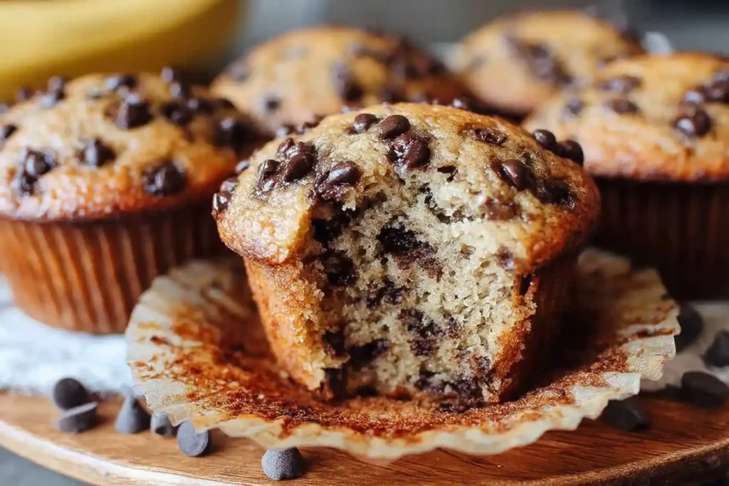 A close-up of a moist banana chocolate chip muffin with a bite taken out, revealing the soft texture and melted chocolate inside.