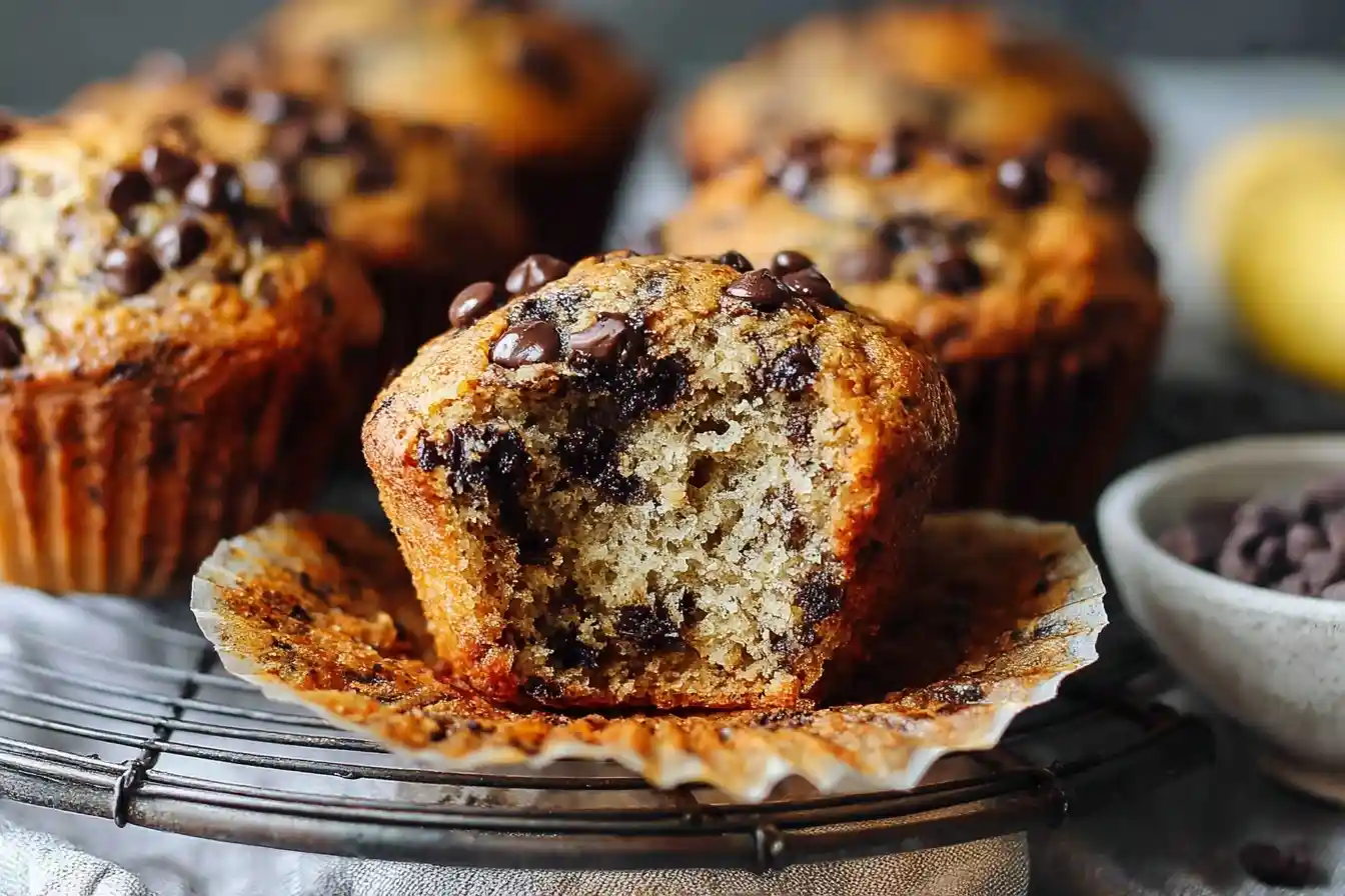 A close-up of a banana chocolate chip muffin with a bite taken out, resting on a wire cooling rack.