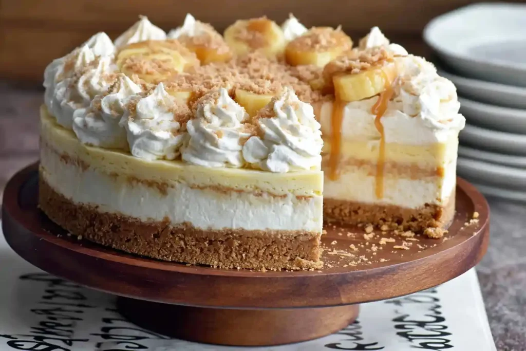 A beautiful Banana Cream Cheesecake on a wooden cake stand, with one slice removed to show the creamy layers and graham cracker crust.
