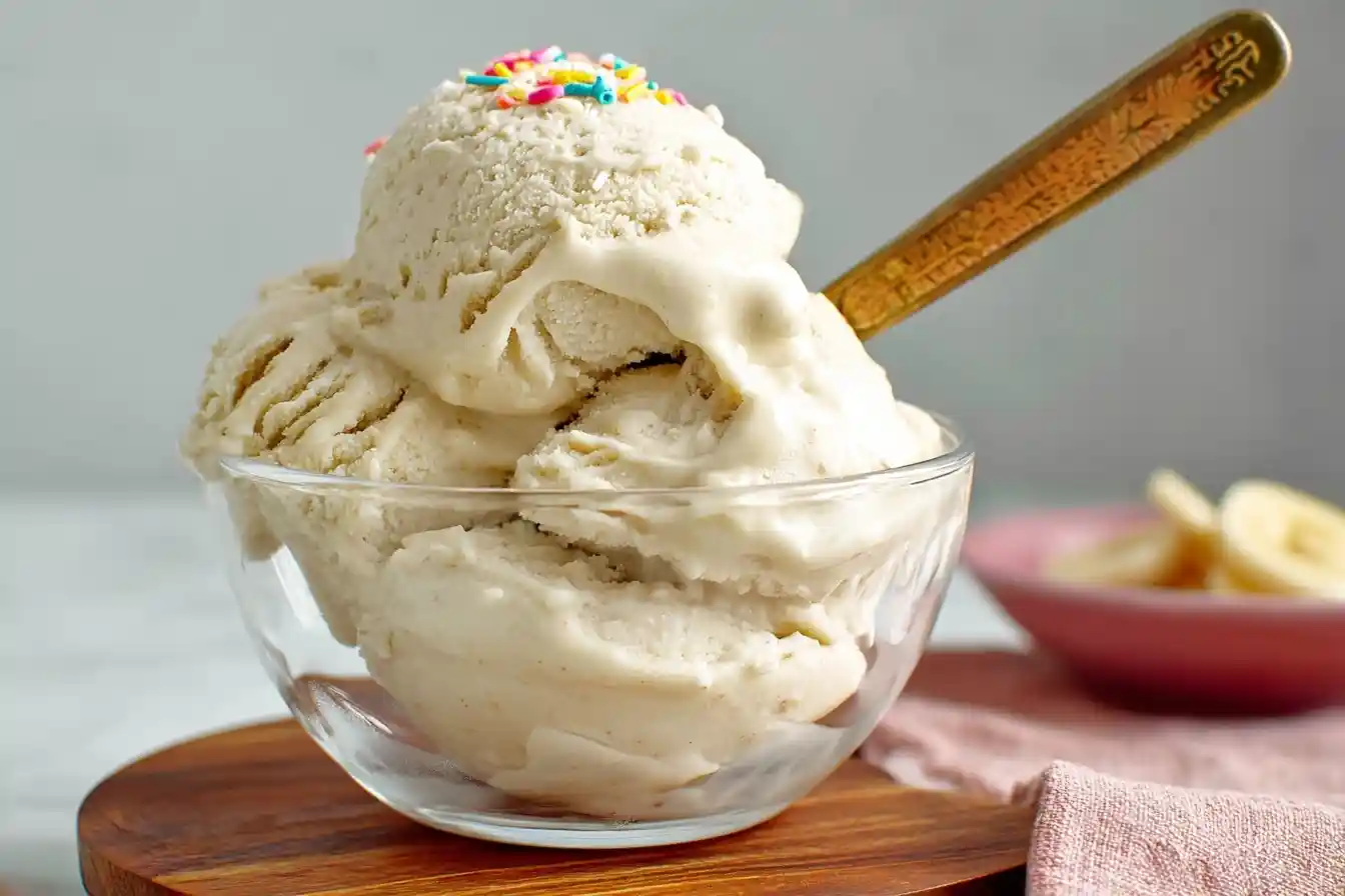 A clear glass bowl filled with scoops of homemade banana ice cream, topped with colorful sprinkles and a gold spoon.