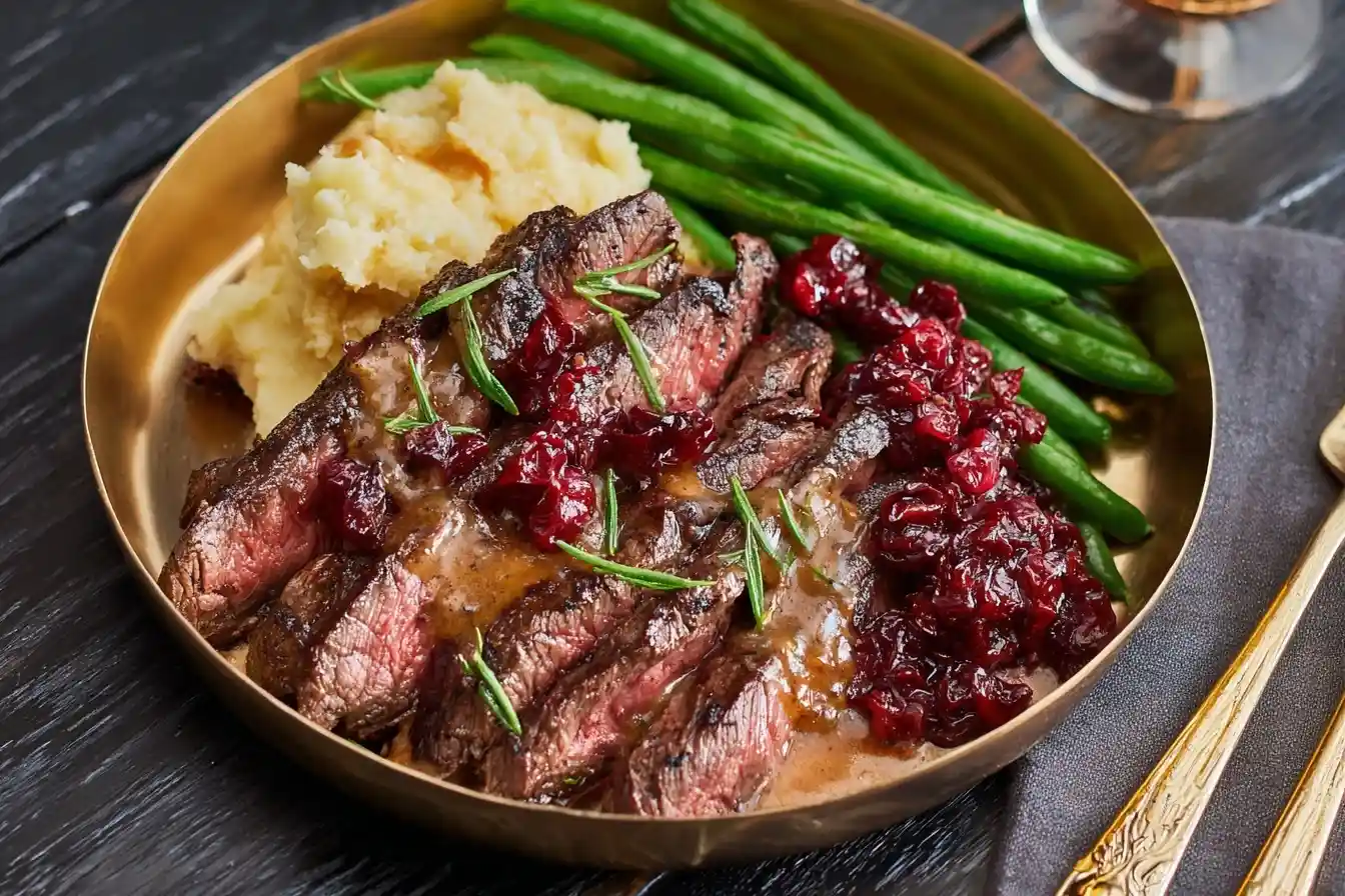 A golden plate of sliced Rosemary Cranberry Steak with mashed potatoes and green beans on a dark wooden table.