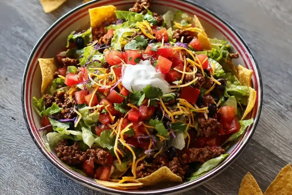 A large bowl of fresh {{ $('Fetch Recipe Data').first().json["Main Keyword"] }} with seasoned ground beef, lettuce, tomatoes, cheese, and a dollop of sour cream.