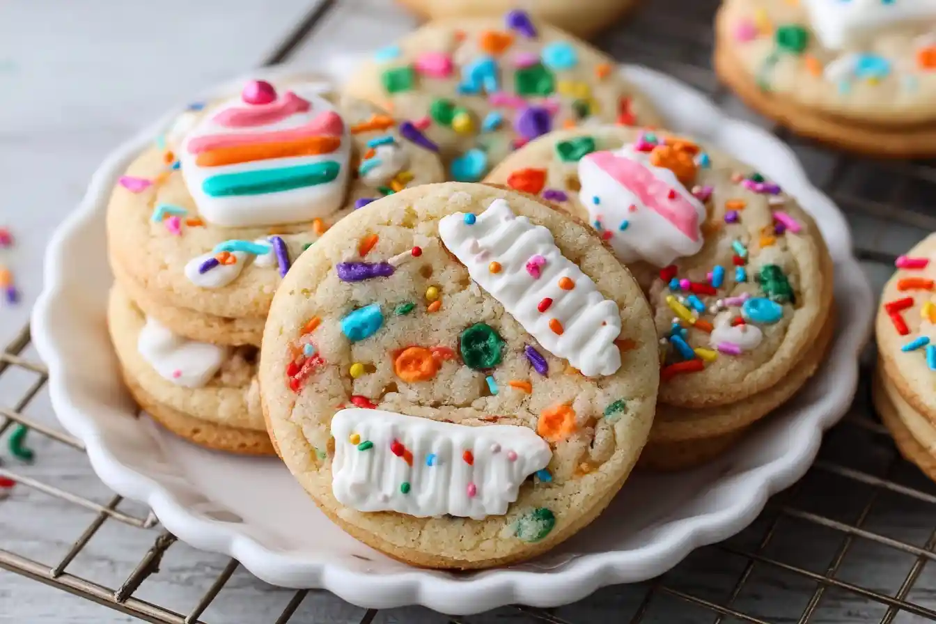 A stack of colorful birthday cake cookies with sprinkles and decorated marshmallow toppers sits on a white scalloped plate.