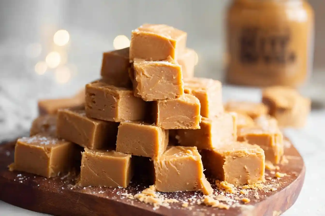 A close-up of creamy peanut butter fudge squares stacked in a pyramid on a dark wooden board, sprinkled with sea salt.