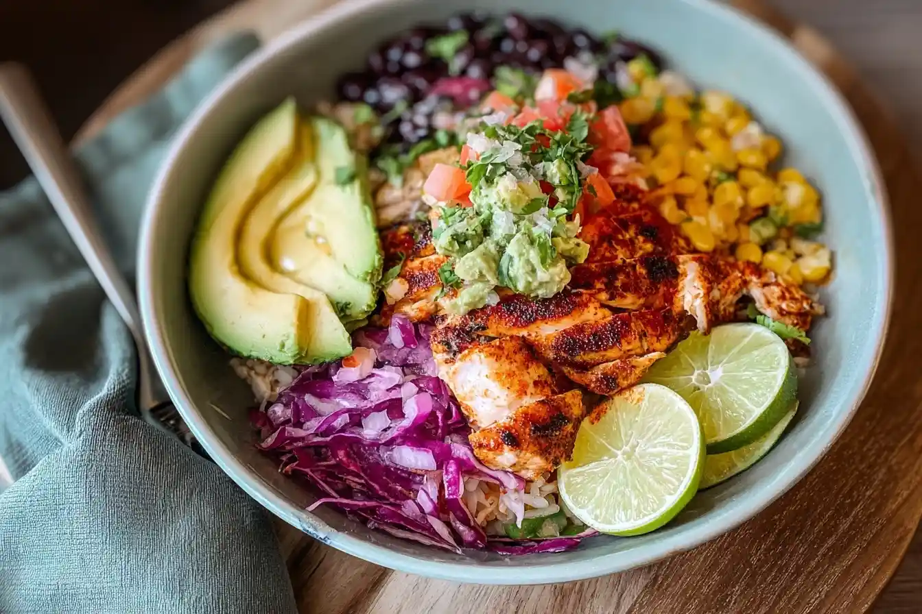 A vibrant chicken burrito bowl with grilled chicken, rice, black beans, corn, avocado, red cabbage, and a lime wedge.
