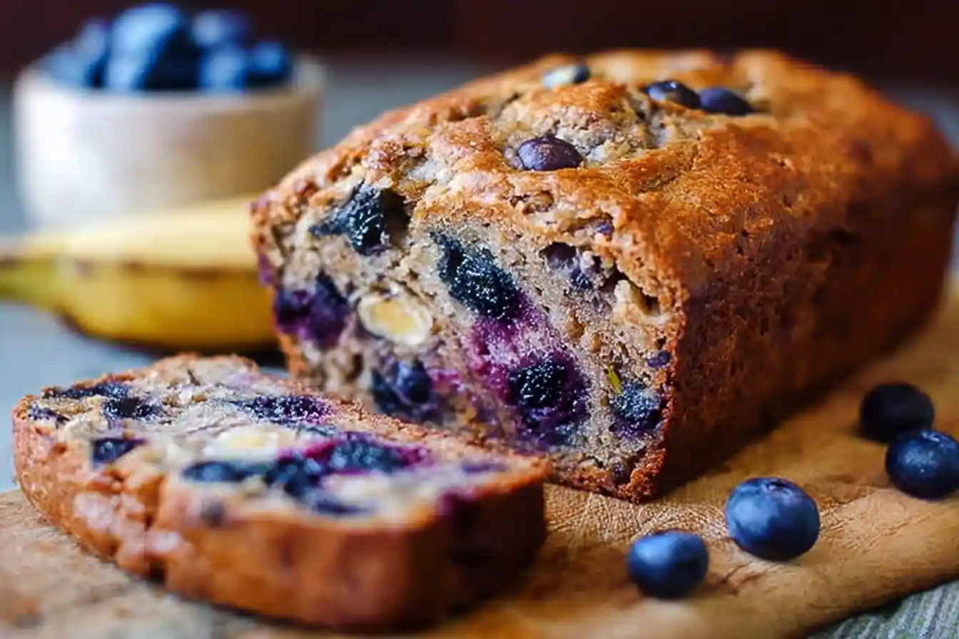 A freshly baked loaf of blueberry banana bread sliced on a wooden board, showing a moist interior with juicy berries.