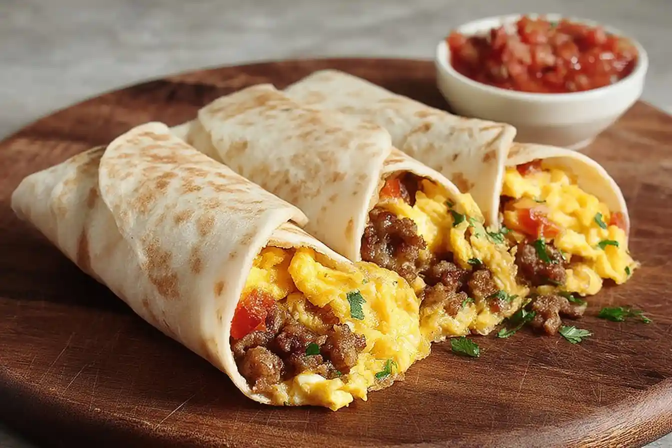 A close-up of four breakfast burritos filled with scrambled eggs and sausage on a wooden board, with a side of salsa.