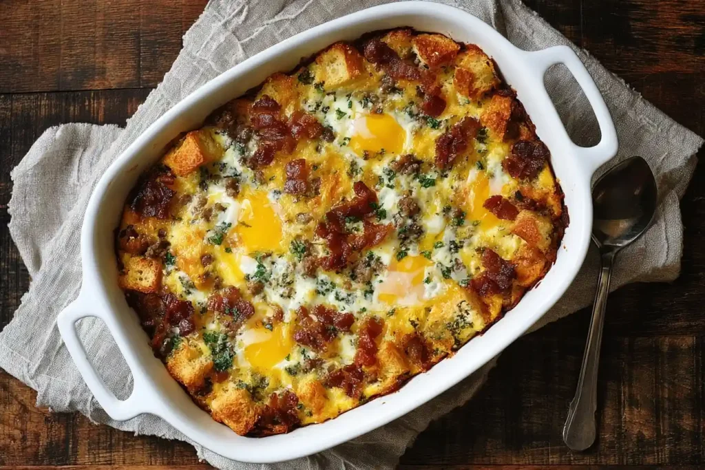 An overhead shot of a freshly baked Breakfast Strata with sausage, bacon, and eggs in a white casserole dish.