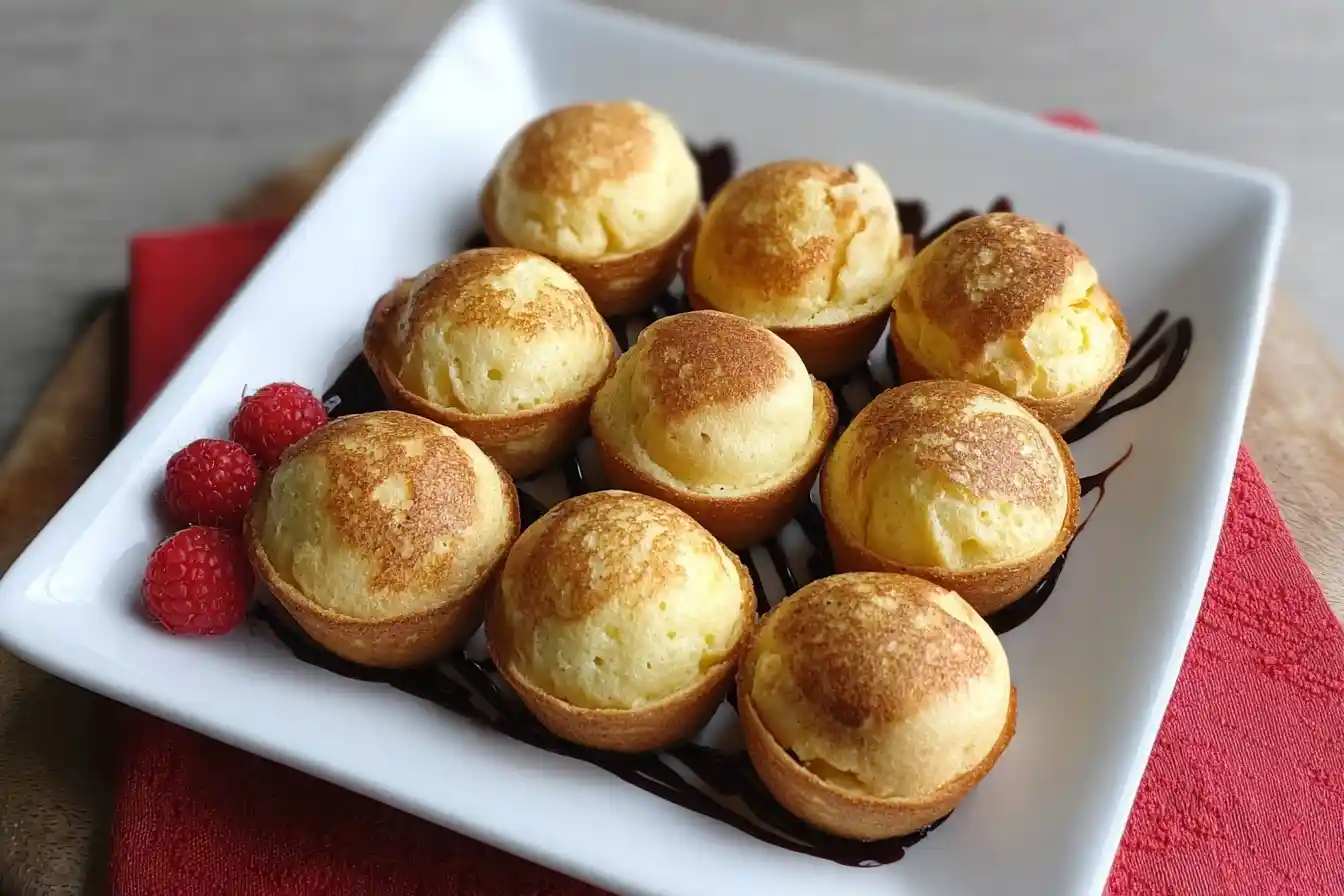 A white plate of golden-brown Danish aebleskiver, drizzled with chocolate sauce and garnished with fresh raspberries.