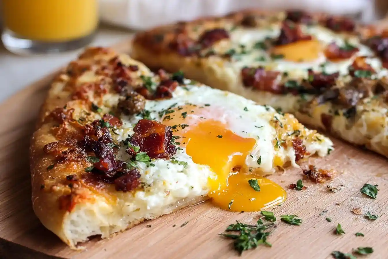 A close-up of a delicious breakfast pizza slice with a runny egg yolk, crispy bacon, and fresh parsley on a wooden board.