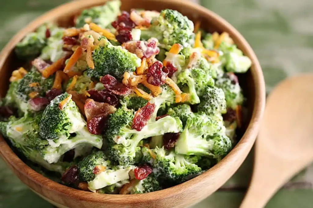A close-up of a classic broccoli salad in a wooden bowl, featuring bacon, cranberries, and shredded cheese in a creamy dressing.