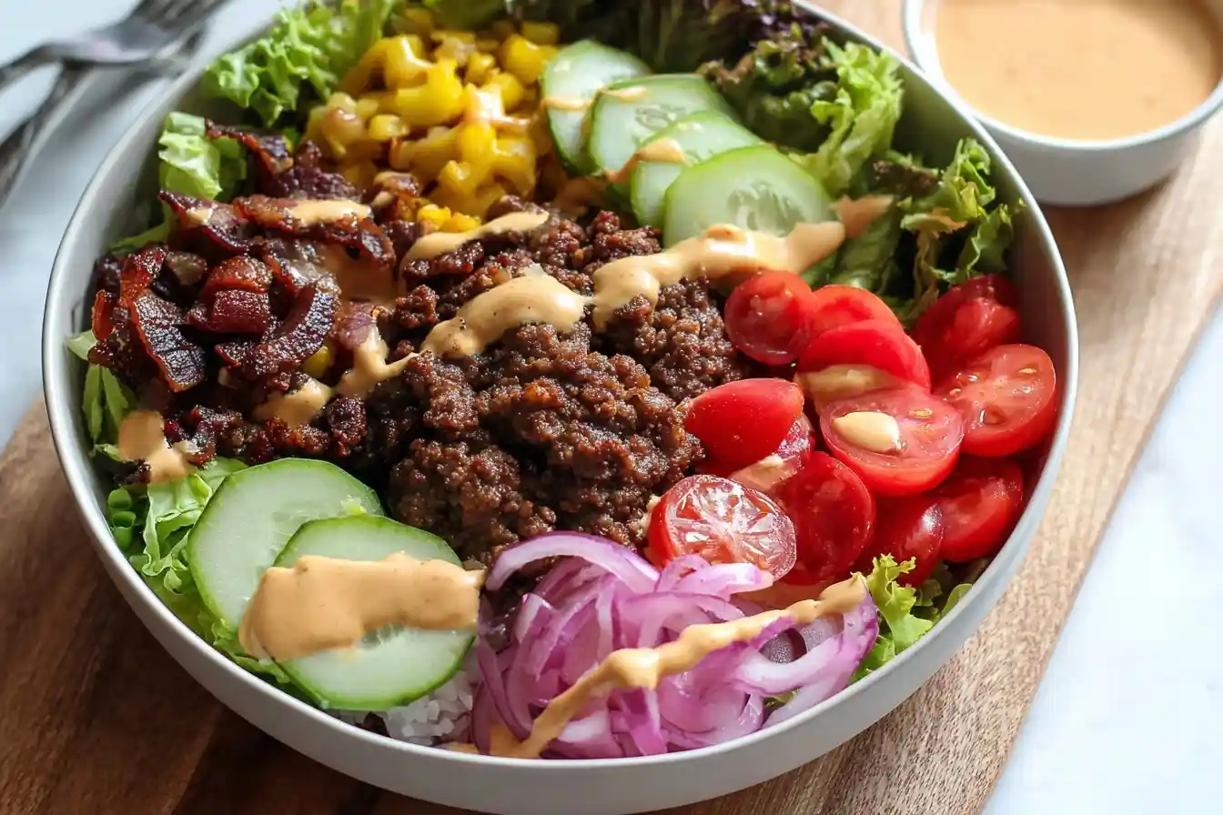 A colorful Burger Bowl loaded with ground beef, bacon, lettuce, tomatoes, corn, and a creamy sauce, served over rice.