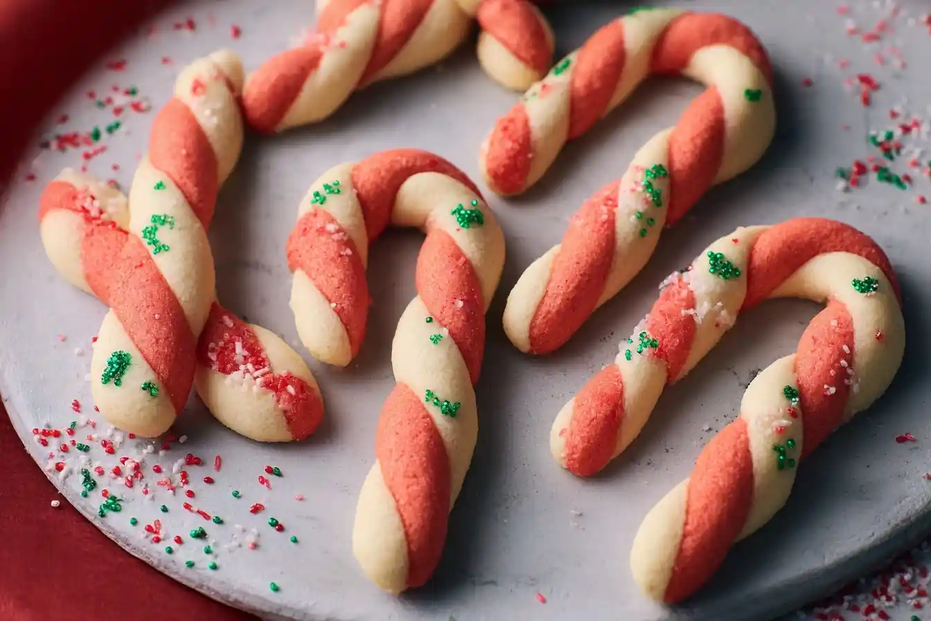 A platter of festive, twisted red and white candy cane cookies decorated with red, white, and green sprinkles.