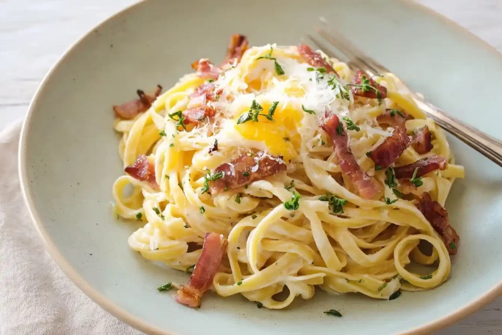 A delicious plate of pasta carbonara topped with crispy pancetta, a bright egg yolk, grated cheese, and parsley.
