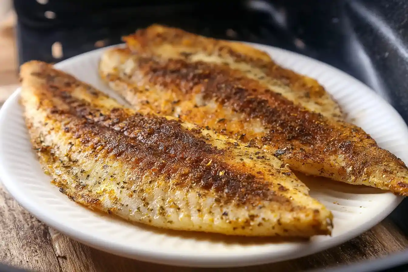 A close-up of perfectly cooked air fryer fish fillets, seasoned and golden brown, on a white plate.