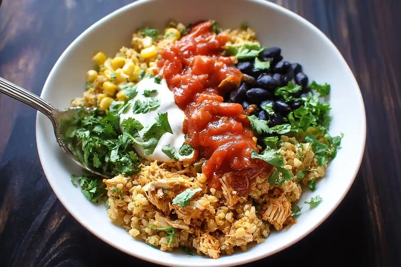A close-up of a loaded chicken burrito bowl with cauliflower rice, black beans, corn, salsa, and sour cream in a white bowl.