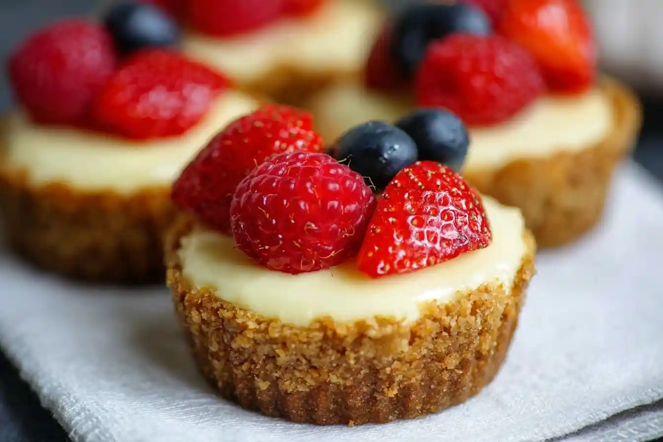 A close-up of delicious mini cheesecakes with a graham cracker crust, topped with fresh raspberries, strawberries, and blueberries.