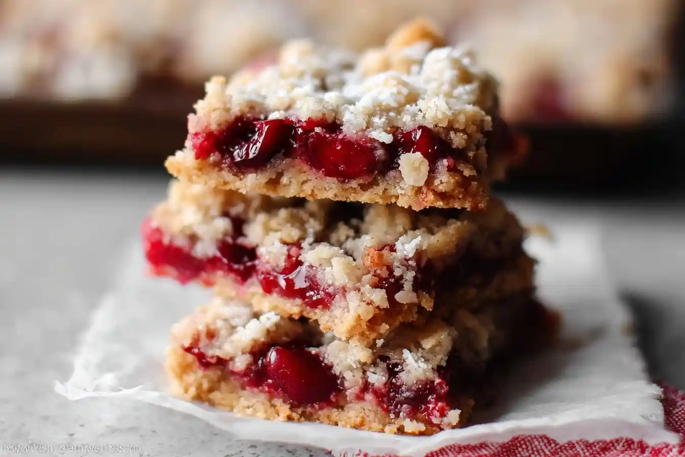 A close-up stack of three homemade Cherry Crumble Bars, showing the gooey cherry filling and buttery crumble topping.