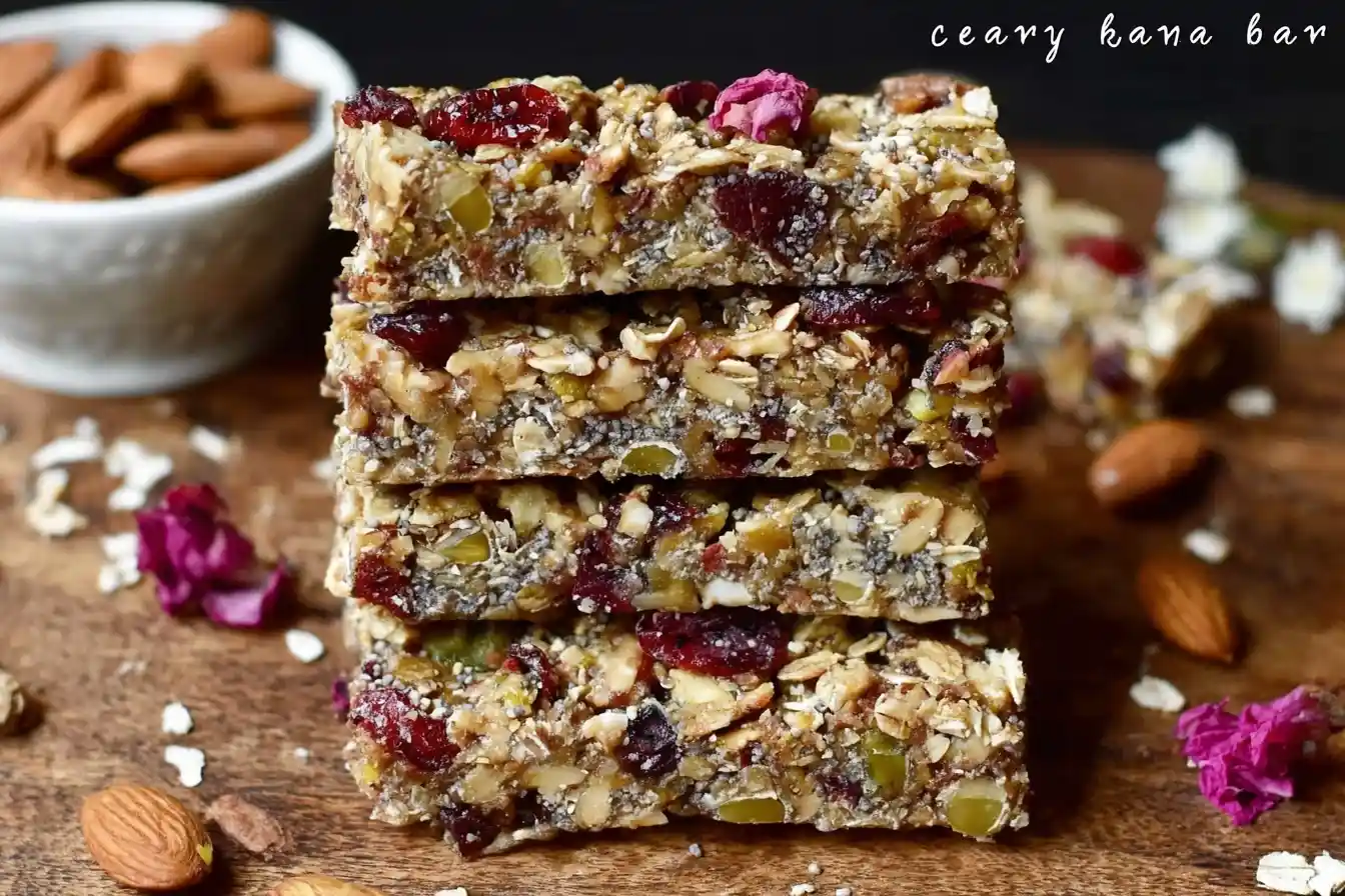 A stack of four chewy homemade granola bars packed with cranberries, almonds, and seeds on a wooden board.
