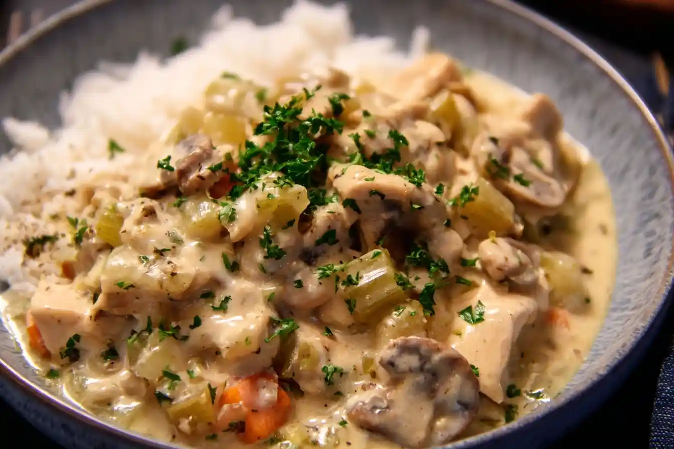 A close-up of a rustic bowl filled with creamy Chicken a la King, featuring tender chicken, mushrooms, and celery over white rice.