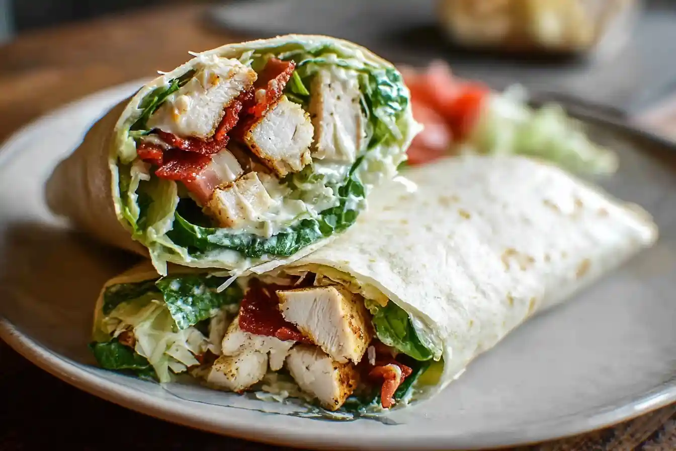A delicious Chicken Caesar Wrap cut in half on a plate, showing grilled chicken, lettuce, bacon, and creamy dressing.
