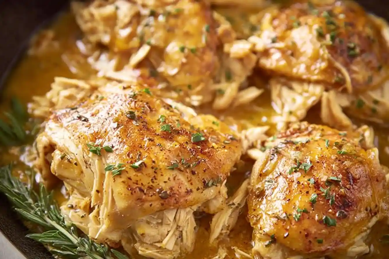 A close-up of tender, fall-apart slow cooker chicken thighs with golden skin in a savory gravy, garnished with fresh herbs.