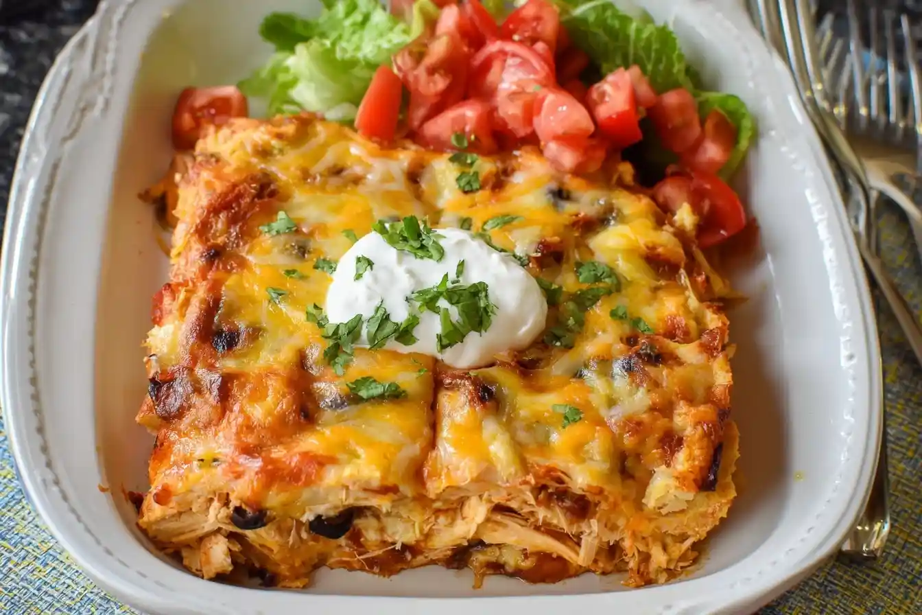 A square serving of chicken tortilla casserole on a white plate, topped with sour cream and cilantro, next to a fresh salad.