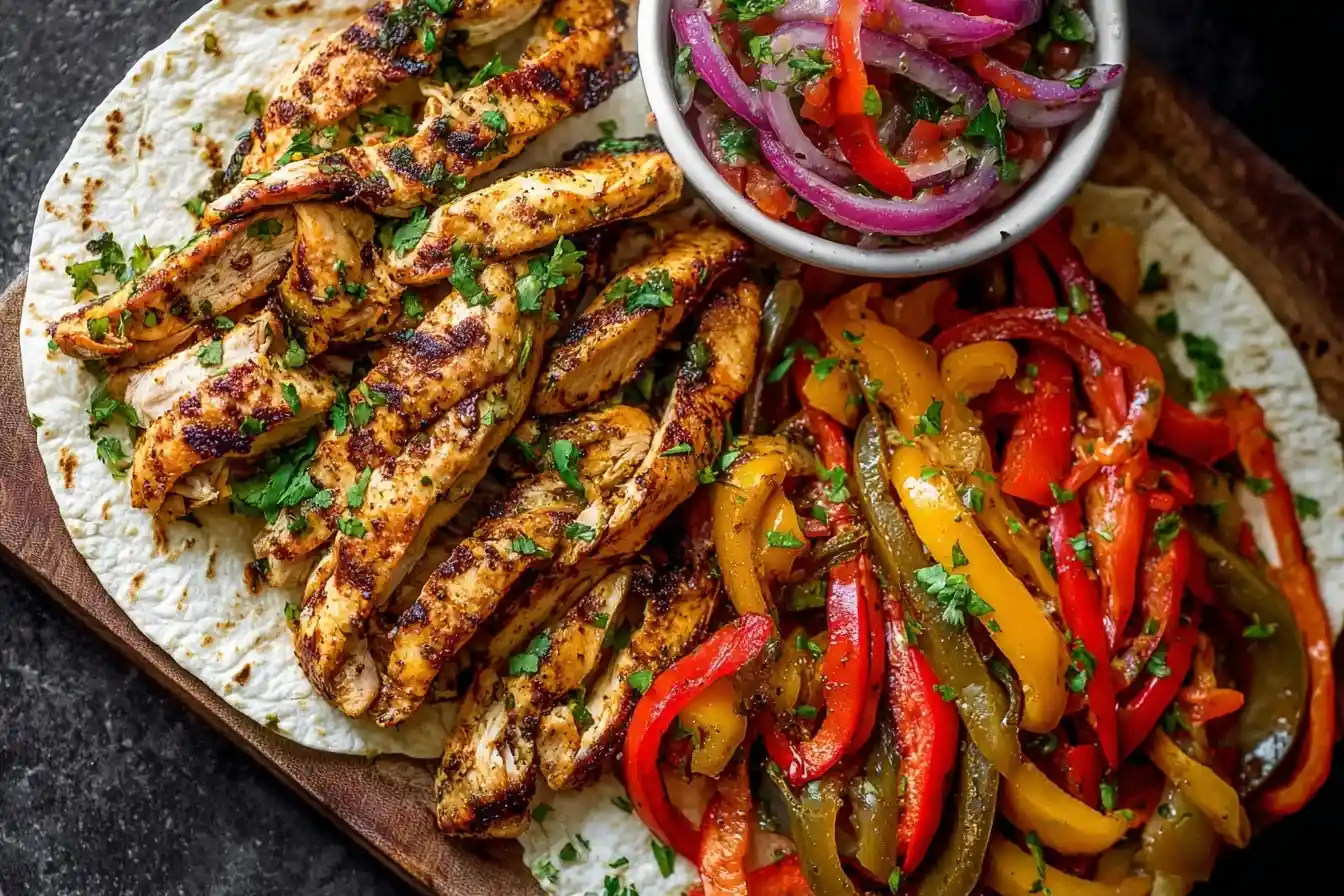 A platter of deconstructed chicken fajitas with grilled chicken strips, sautéed bell peppers, and red onion salsa on a tortilla.