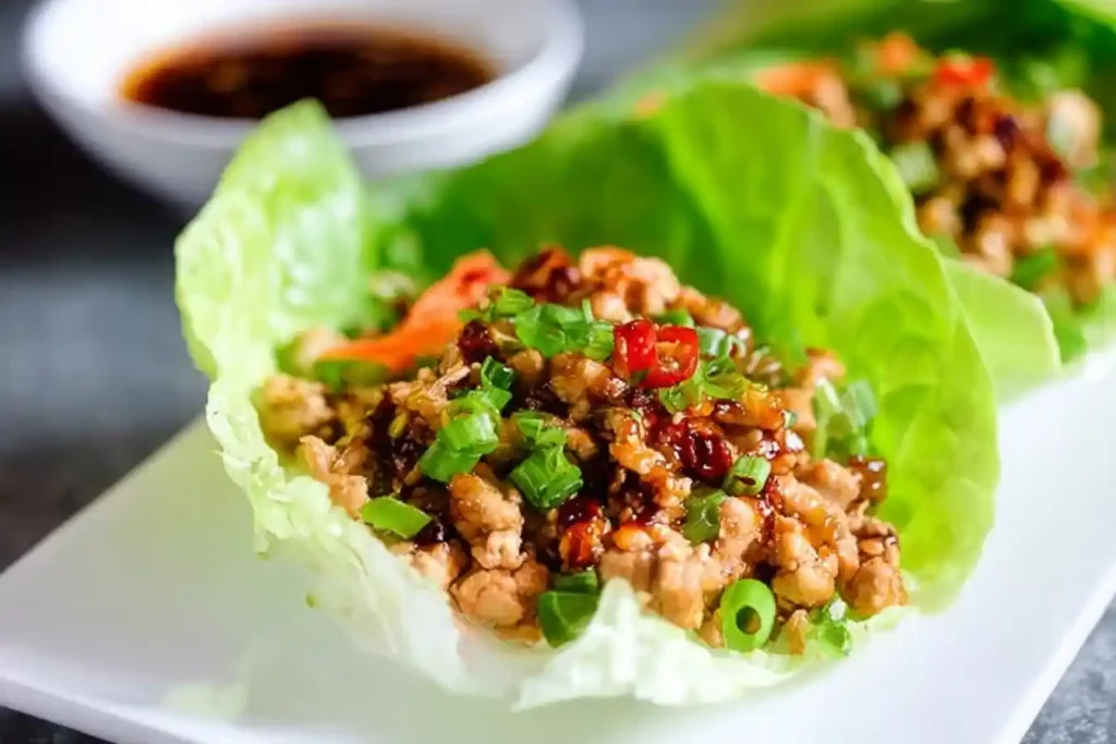 A close-up shot of two flavorful chicken lettuce wraps garnished with green onions and chili on a white plate.