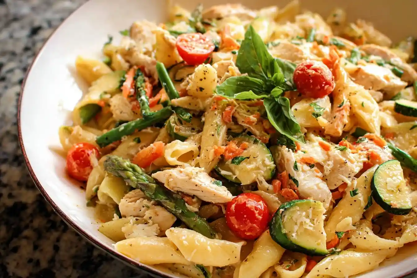 A close-up of a Chicken Pasta Salad in a white bowl, featuring penne pasta, chicken, asparagus, zucchini, and cherry tomatoes.