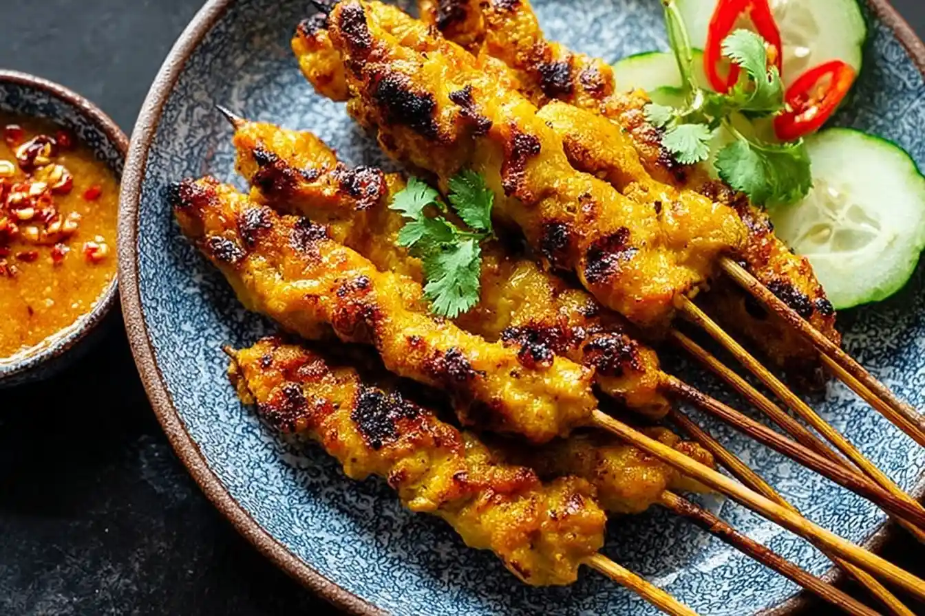 A plate of perfectly grilled Chicken Satay skewers, served with a side of peanut dipping sauce, cucumber, and chili garnish.