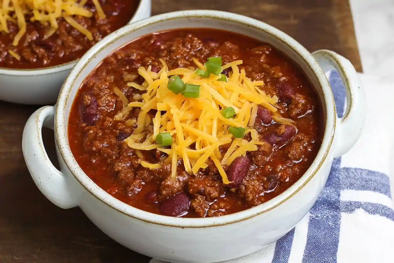 A white bowl filled with a hearty homemade chili recipe, garnished with shredded cheddar cheese and fresh green onions.