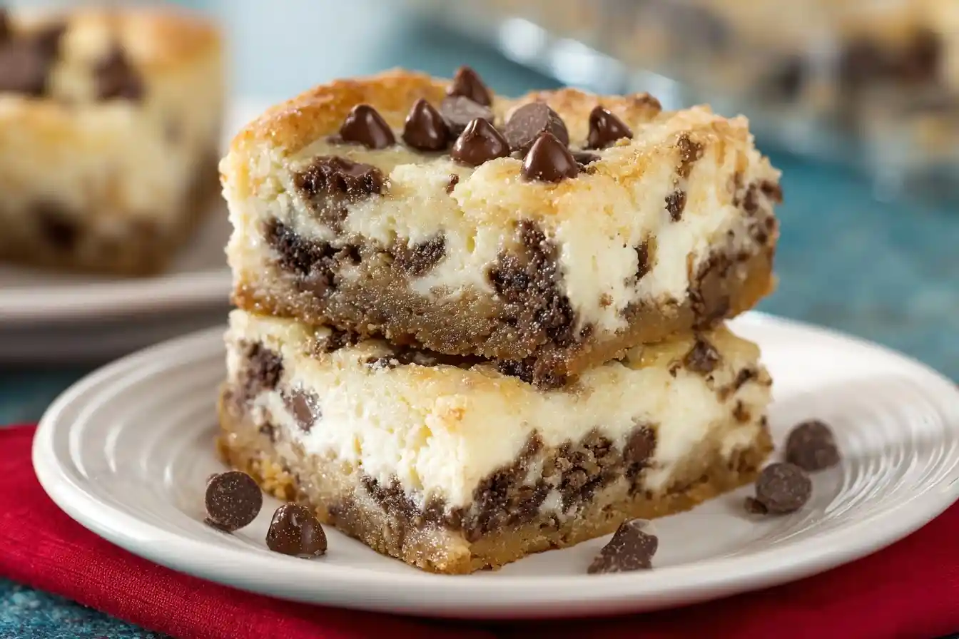 A stack of two delicious chocolate chip cheesecake bars on a white plate, topped with extra chocolate chips.
