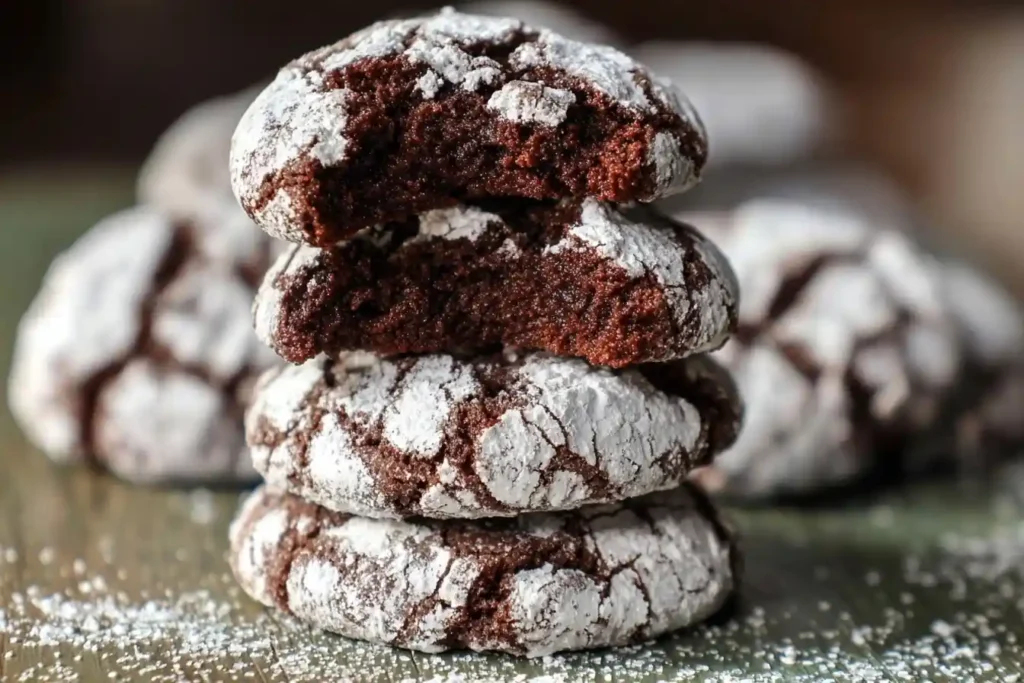 A stack of four chocolate crinkle cookies, with the top one broken in half to reveal a rich, fudgy interior.