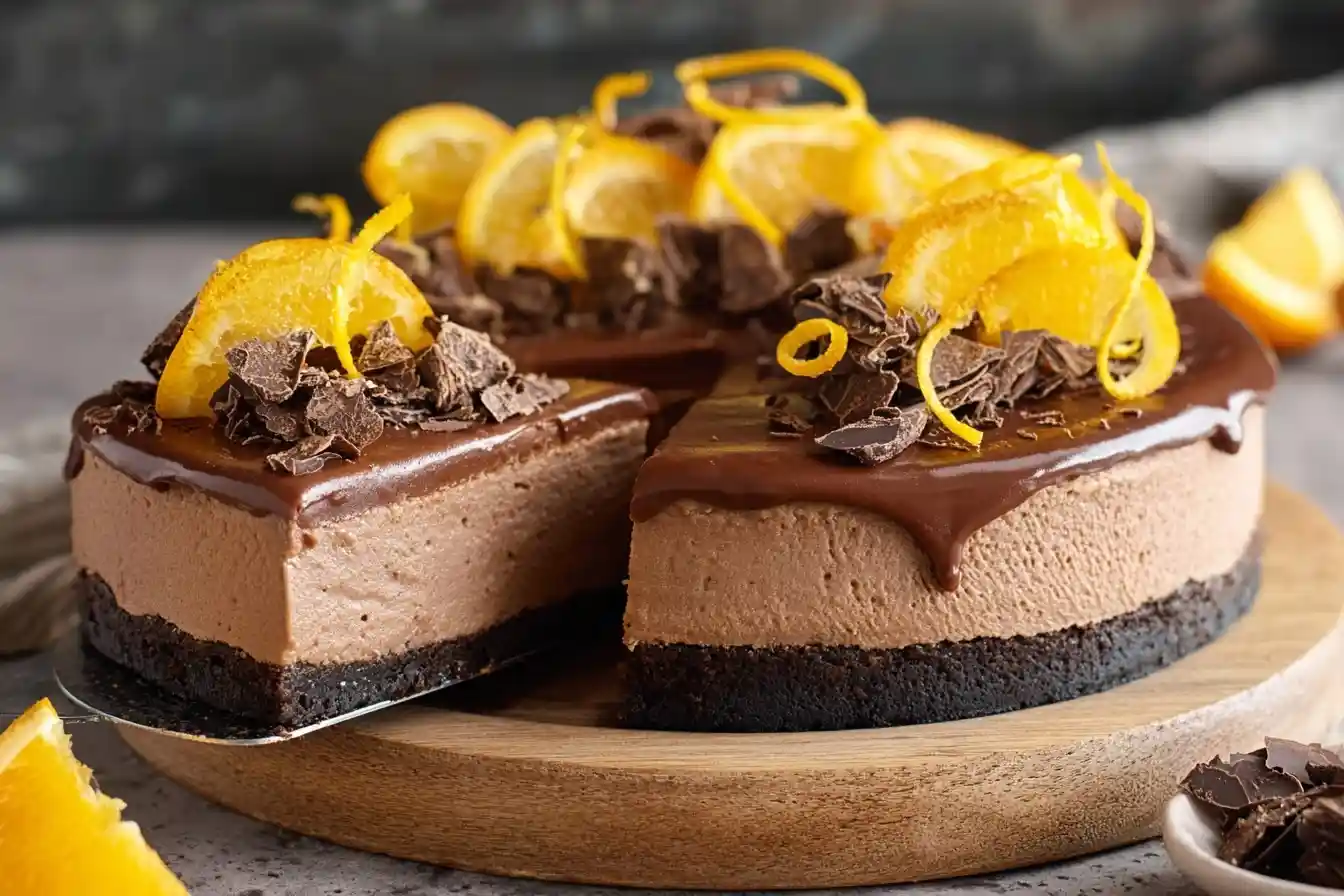 A decadent chocolate orange cheesecake on a wooden board, topped with ganache and orange slices, with one slice being served.