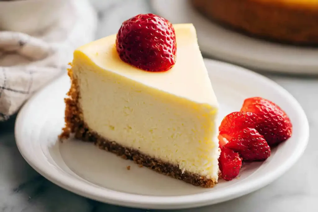 A perfectly baked Classic Cheesecake, with a smooth, creamy top and a golden graham cracker crust, sits on a dessert stand.