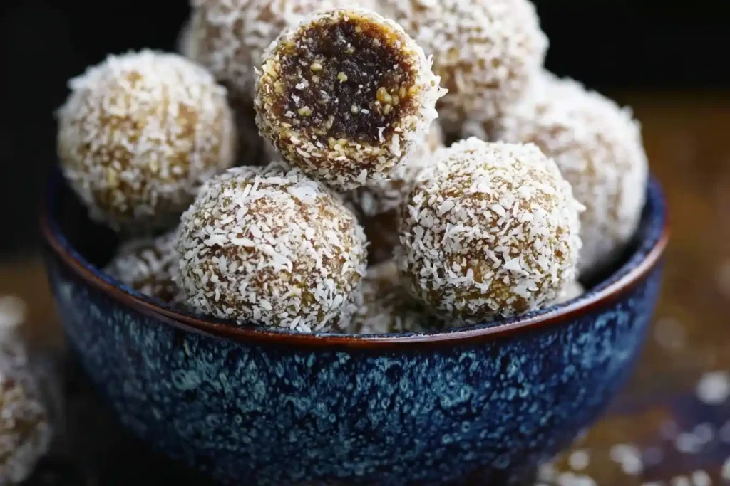A close-up of a blue bowl filled with homemade date balls rolled in shredded coconut, with one bitten into on top.