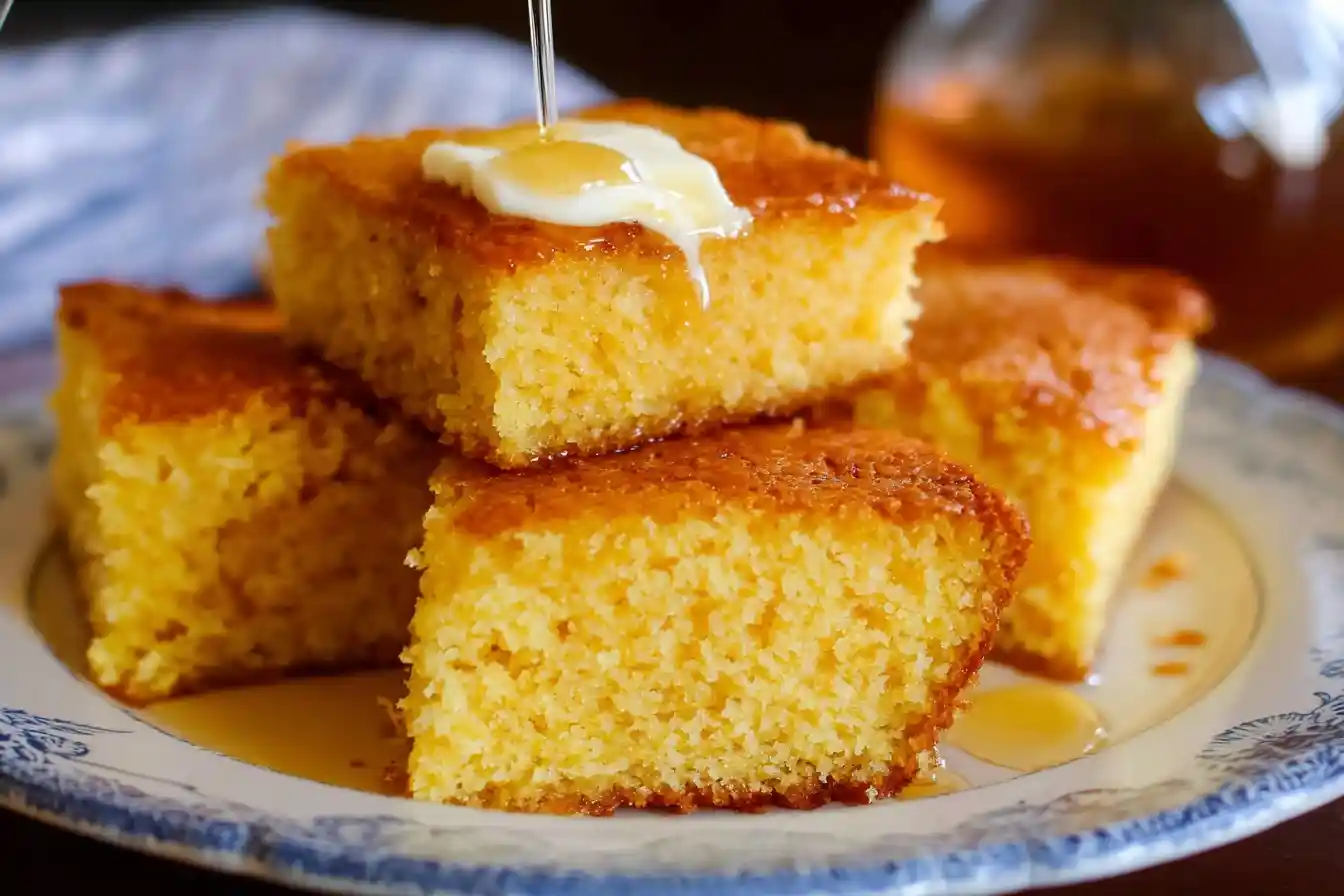A stack of golden cornbread squares from a delicious cornbread recipe, topped with melting butter and a drizzle of honey.