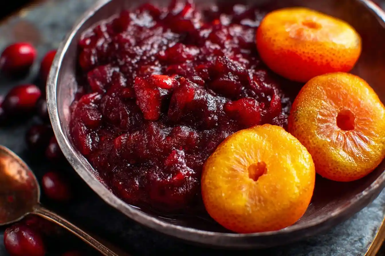 A rustic bowl filled with homemade cranberry orange sauce, garnished with small candied oranges and fresh cranberries on the side.
