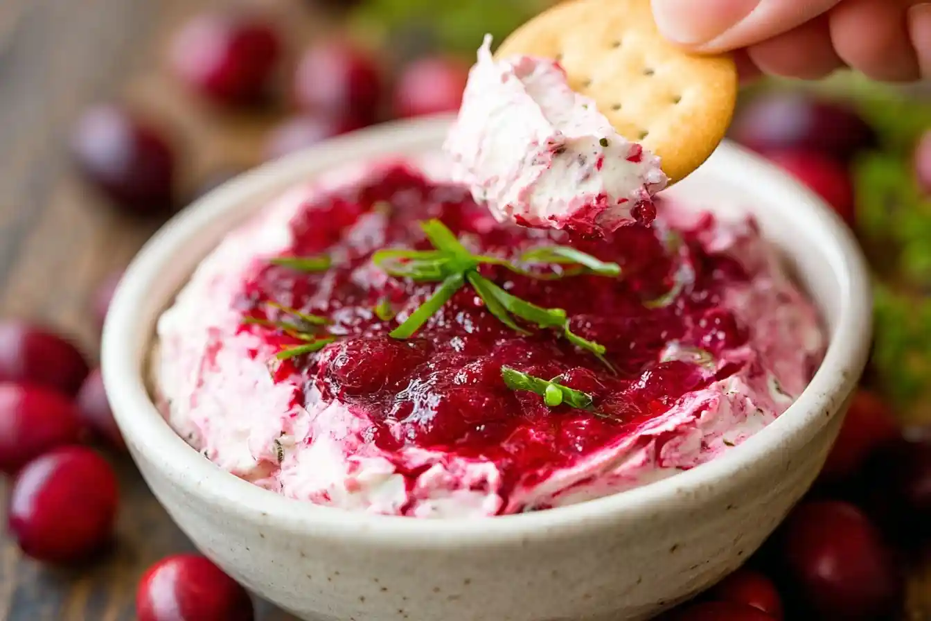 A hand dipping a round cracker into a festive bowl of Cranberry Cream Cheese Dip, topped with herbs and surrounded by fresh cranberries.
