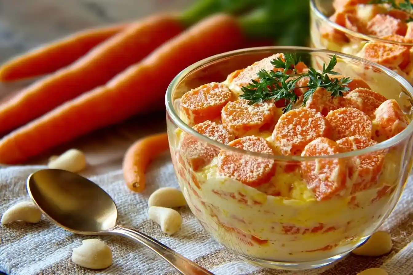 A creamy carrot salad recipe served in a clear glass bowl, garnished with parsley, with fresh carrots and garlic cloves in the background.