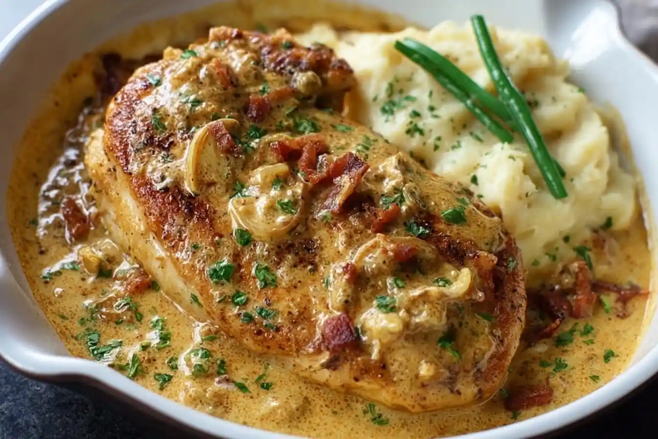 A close-up of a pan-seared Creamy Bacon Chicken breast in a rich sauce with mushrooms, served with mashed potatoes in a white bowl.