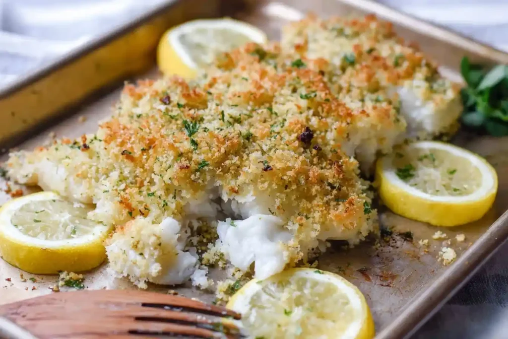Golden-brown Baked Cod fillets on a baking sheet, topped with a crispy breadcrumb crust and served with fresh lemon slices.