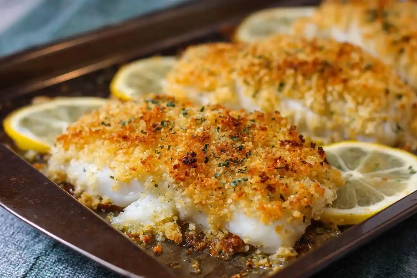 A close-up of crispy baked cod fillets with a golden panko crust and fresh parsley, served on a baking sheet with lemon slices.