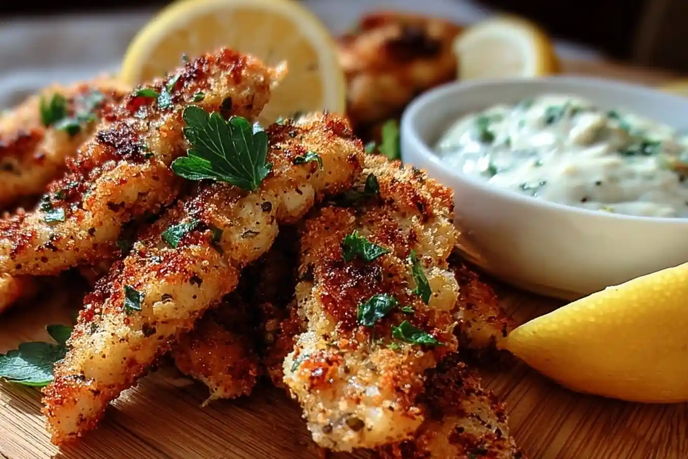 A close-up of crispy baked fish sticks on a wooden board, garnished with parsley and served with tartar sauce and lemon wedges.