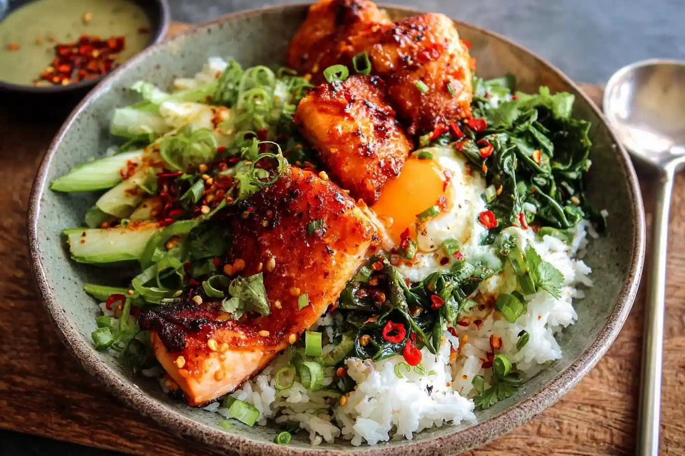 A close-up of a delicious salmon rice bowl topped with a fried egg, fresh greens, scallions, and red chili flakes.