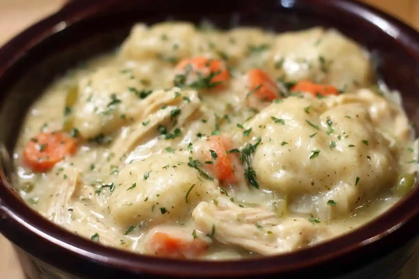 A close-up shot of a warm bowl of creamy chicken and dumplings with shredded chicken, carrots, and fresh parsley.